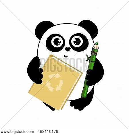 Cute Cartoon Panda Eco Book And Recykling Sign. Funny Character For Your Design. Green Energy Concep