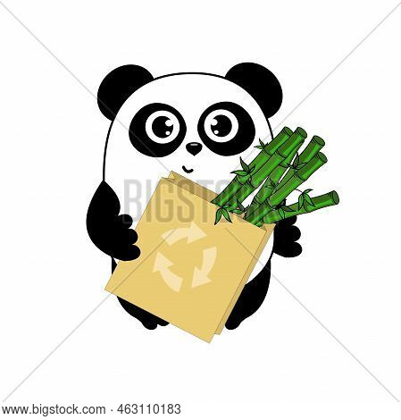 Cute Cartoon Panda With Bamboo Eco Bag And Recykling Sign. Funny Character For Your Design. Green En