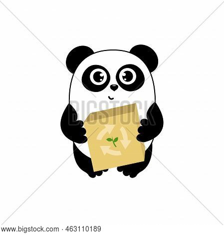 Cute Cartoon Panda Eco Box And Recykling Sign. Funny Character For Your Design. Green Energy Concept