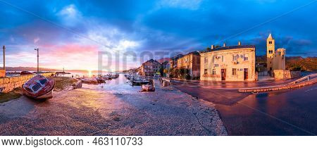 Town Of Karlobag On Adriatic Coast Sunset Panoramic View, Velebit Coast Of Croatia