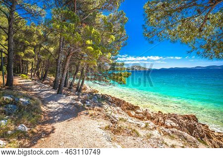 Idyllic Turquoise Rocky Beach Landscape View In Zadar Riviera, Pakostane In Dalmatia Region Of Croat