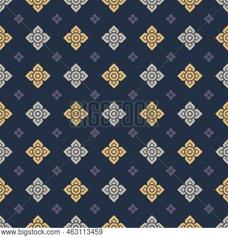 Seamless Modern Thai Art Pattern. Large And Small Square Flowers. Dark Background. Vector Illustrati