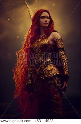 Beautiful Lady Warrior, Bow, Full Body, Long Wavy Red Hair, Armor Intricate Details, Gold Filigree