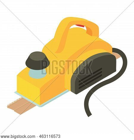 Powertool Icon Isometric Vector. Yellow Power Planer And Perforated Plank Icon. Electric Planer, Con