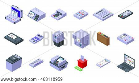 Electronic Voiting Icons Set Isometric Vector. Phone Vote. Digital Checkmark