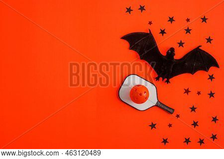 Pickleball Halloween With Orange Background, Orange Pickleball, Black And White Pickleball Paddle, B