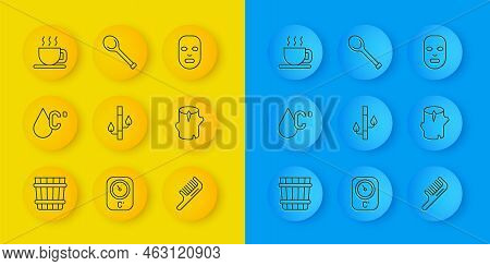 Set Line Sauna Bucket, Water Temperature, Bamboo, Hairbrush, Wooden Log, Cup Of Tea, Facial Cosmetic