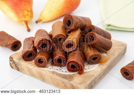 Handmade Pastille Made Of Apple Pulp. Natural Sweet Dessert For Tea. Raw Homemade Fruit Leather.