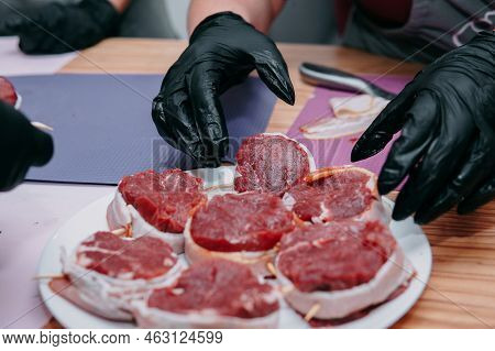 Cooking Minion Steak At A Cooking Class. Homemade Food.