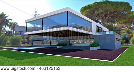 Luxurious Modern Country Villa In A Minimalist Style With High-tech Elements. Red Brick Paving Aroun