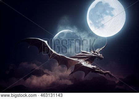 Silver Dragon Flying, Clouds, Full Moon, Mist And Stars