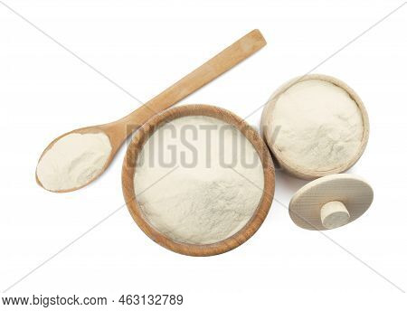 Wooden Bowl, Box And Spoon Of Agar-agar Powder On White Background, Top View