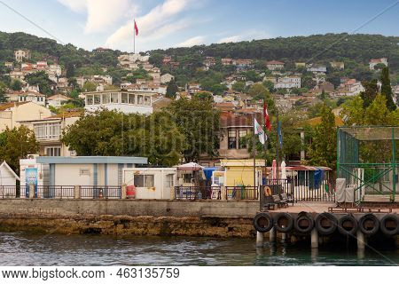 Istanbul, Turkey - August 25, 2022: Marmara Sea, Kinaliada Island Ferry Terminal With Summer Houses,