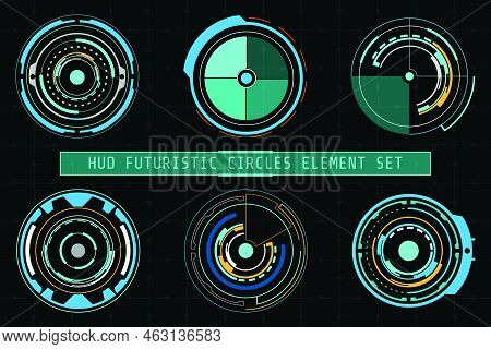 Hud Futuristic Element Set Vector Background. Abstract Simple Virtual Circles User Interface On Gree