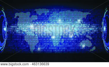 Circuit Board With Binary Code Vector Background. Blue Abstract Elements Space Cyber World Map Digit