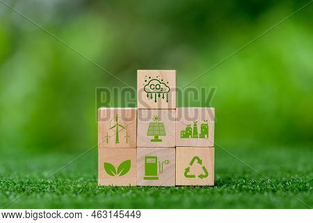 Net Zero Greenhouse Gas Emissions Reduction With Carbon Credit Concept. Reduce Carbon Dioxide E.g. R