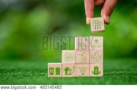Net Zero Greenhouse Gas Emissions Reduction With Carbon Credit Concept. Reduce Carbon Dioxide E.g. R