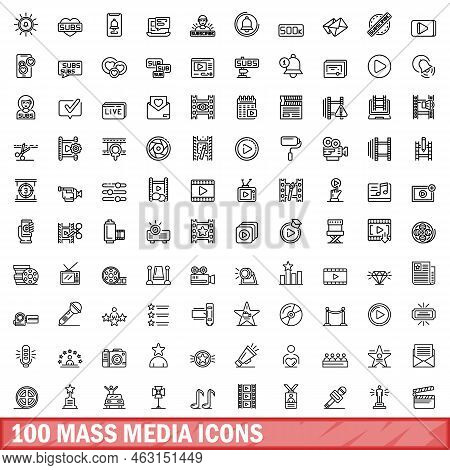 100 Mass Media Icons Set. Outline Illustration Of 100 Mass Media Icons Vector Set Isolated On White 