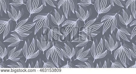 Nature Silver Leaves Line Arts On Grey Background Vector. Floral Seamless Pattern, Silver Leaves Lin