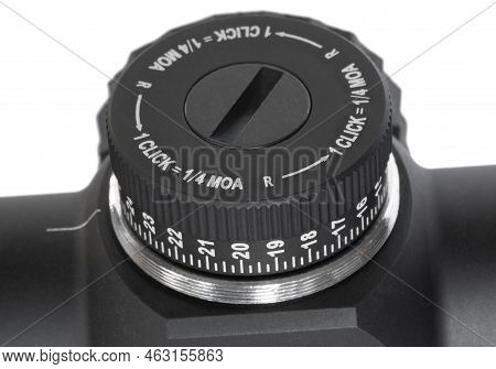 Dial To Adjust Windgage On A Rifle Sight Isolated On A White Background
