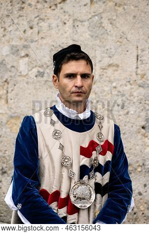 Siena, Tuscany, Italy - August 15 2022: Istrice Or Porcupine Contrada Member In Renaissance Historic