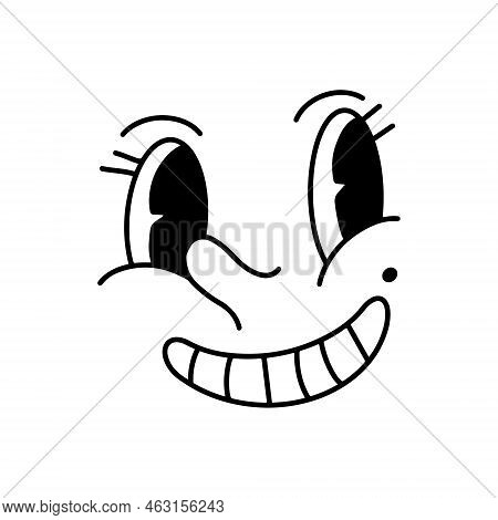 Retro Cartoon Comic Happy Face With Smile. Simple Black Ink Doodle Face With Eyes, Nose. Vintage Old