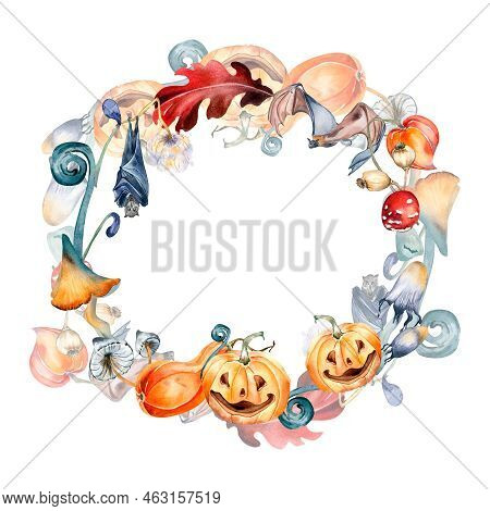 Halloween Wreath With Colorful Pumpkins Watercolor Illustration Isolated On White.