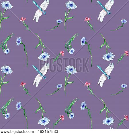 Meadow Blue. Pink Flowers With Dragonfly Watercolor Seamless Pattern On Dark