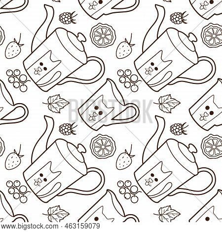 Contur Vector Seamless Pattern On The Cups And Teapot F