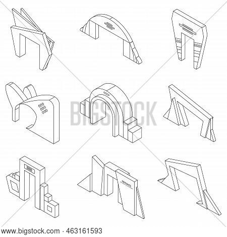 Entrance Arch Icons Set. Isometric Set Of Entrance Arch Vector Icons Outline Thin Lne Isolated On Wh