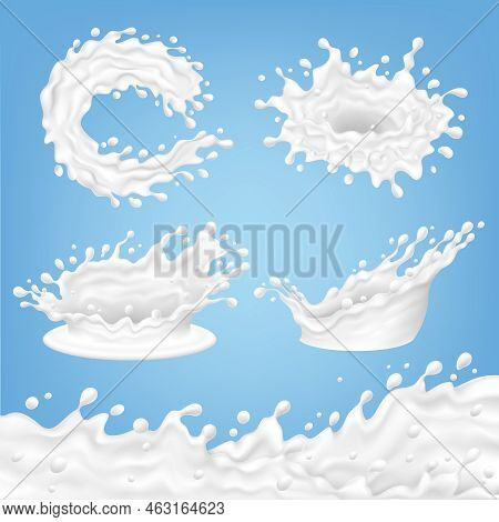 Realistic Milk Splash And Flow. Light Milky Wave, Cream, Yogurt. White Liquid Splashed, 3d Fresh Dai