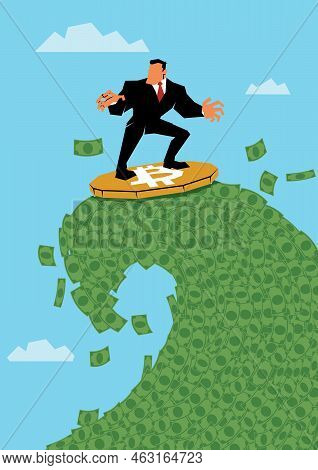 Flat Design Illustration With Businessman Surfing On Bitcoin And Riding A Huge Wave Of Fiat Curency.