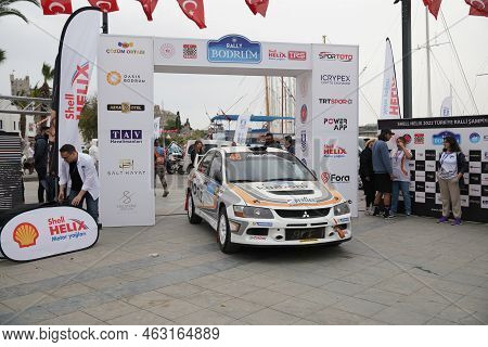 Mugla, Turkey - April 17, 2022: Kemal Sener With Mitsubishi Lancer Evo Ix Of  In Finish Podium Of Bo