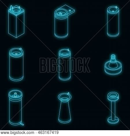 Drinking Fountain Icons Set. Isometric Set Of Drinking Fountain Vector Icons Neon Color On Black