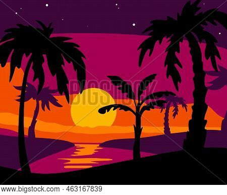 Palm Silhouettes Background. Beach Tropical Trees, Sea Evening, Black Plants, Summer Sunset, Differe
