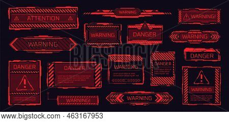Hud Danger Frames. Dangerous Banner Cyber Box, Pollution Alert Attention Label High-alert Red Sign W