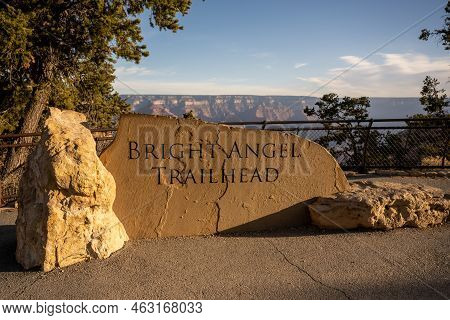 Bright Angel Trailhead Sign Carved In Stone At Trailhead In Grand Canyon National Park