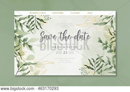Cute Wedding Website Template With Watercolor Leaves Vector Design Illustration