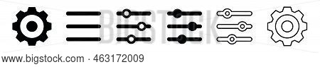 Setting Black Icon Set. Isolated Option Symbols On White Background. Gear Cogwheel Settings, Basic A