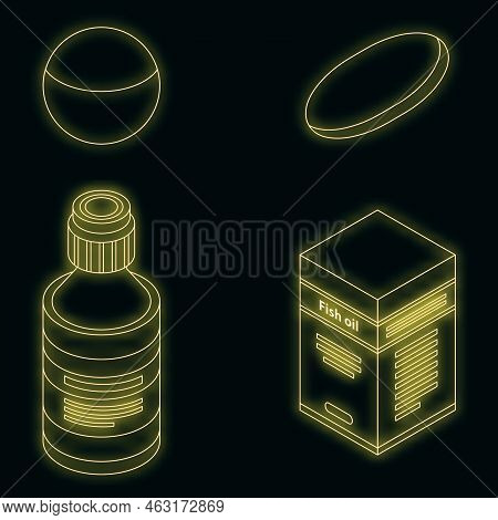Fish Oil Icons Set. Isometric Set Of Fish Oil Vector Icons Neon Color On Black