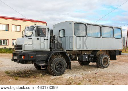 Novyy Urengoy, Russia - July 12, 2021: Experimental Offroad Shift Bus Ural-4320-65 In A City Street.