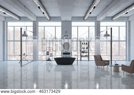 Huge Sunlit Loft Style Bathroom With Black Bath In The Center, Modern Armchairs Around Coffee Table 
