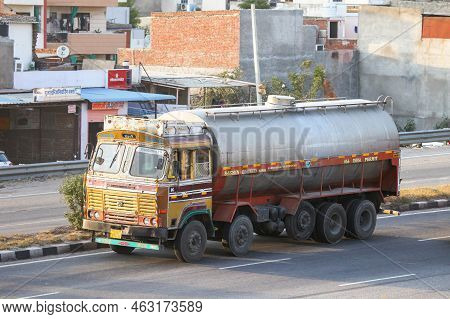 Jaipur, India - March 2, 2022: Cistern Truck Ashok Leyland Tusker At An Intercity Road.