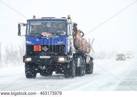 Novyy Urengoy, Russia - March 20, 2016: Cistern Truck Ural-44202-80 At An Interurban Road During A H