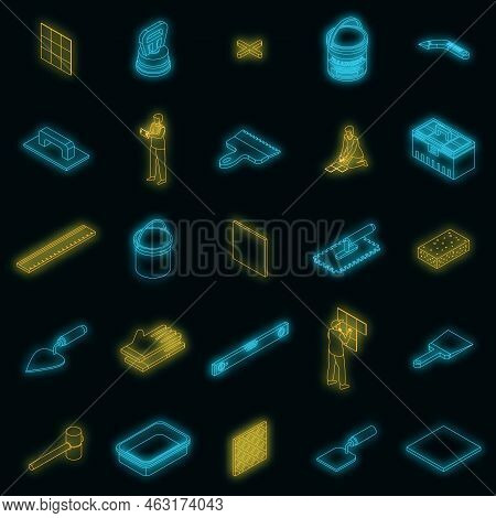 Tiler Icons Set. Isometric Set Of Tiler Vector Icons Neon Color On Black