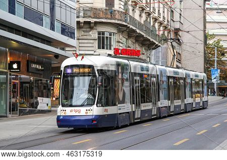 Geneva, Switzerland - August 4, 2014: Articulated Urban Tramway Bombardier Flexity Outlook In The Ci