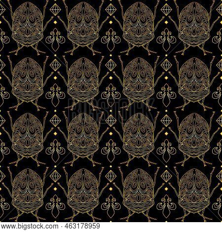 Seamless Pattern With Golden Insects And Diamonds On A Black Background. Golden Pattern With Bugs. V