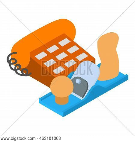 Carpentry Workshop Icon Isometric Vector. Push Button Landline Phone, Hand Plane. Construction, Repa
