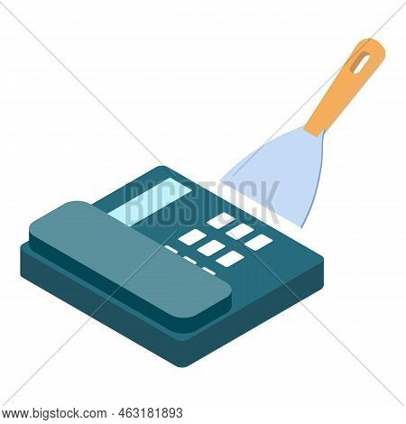 Renovation Service Icon Isometric Vector. Push Button Landline Phone, Putty Knife. Construction, Rep