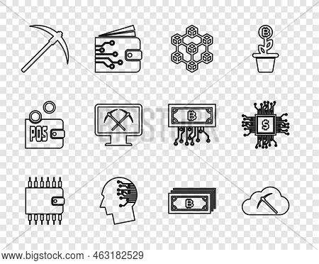Set Line Cryptocurrency Wallet, Cloud Mining, Blockchain Technology, Brain As Digital Circuit Board,